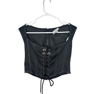 Kiki Riki Black Corset Top Size Large Lace Up Front Zip Back Gothic Y2K